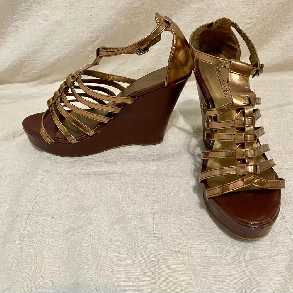 Gold and Brown Platform Wedge Sandals with Ankle Strap